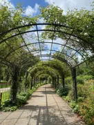 Tonnelle en arceaux métalliques couverte de verdure au-dessus d'une allée